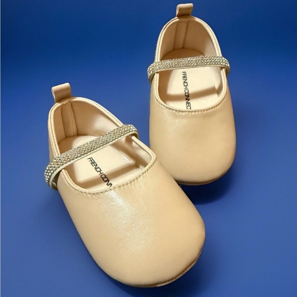 French Connection Baby Flat Walker Fashion Shoes Tan beaded strap Size 3, 4 NWT